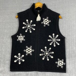 Vtg Vest Womens M Black 100% Boiled Wool White Snowflakes Tassel Kitsch Granny‎